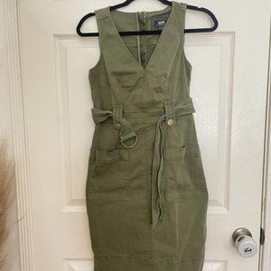 Maeve Anthropologie Sz 0 Army Green Belted Utility Denim Shift Dress
